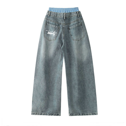 INVICTO SCRIPT BLUE DOUBLE WAIST BAGGY JEANS