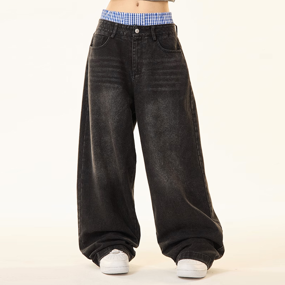 INVICTO SCRIPT BLACK DOUBLE WAIST BAGGY JEANS