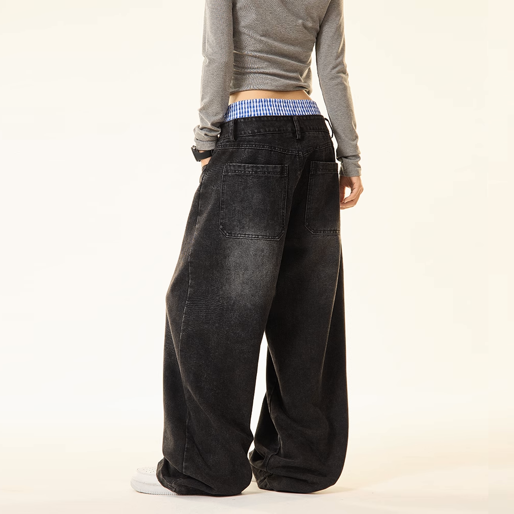 INVICTO SCRIPT BLACK DOUBLE WAIST BAGGY JEANS